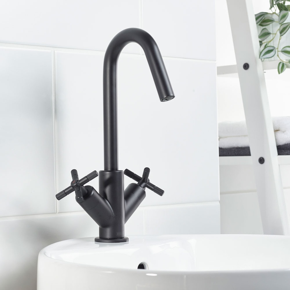 Lifestyle image of the Bristan Cruzar Black Tall Basin Mixer Tap & Click-Clack Waste